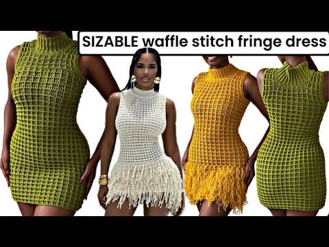 Crochet Waffle Stitch Fringe Turtle Neck Sweater Dress *UPDATED* for ALL SIZES